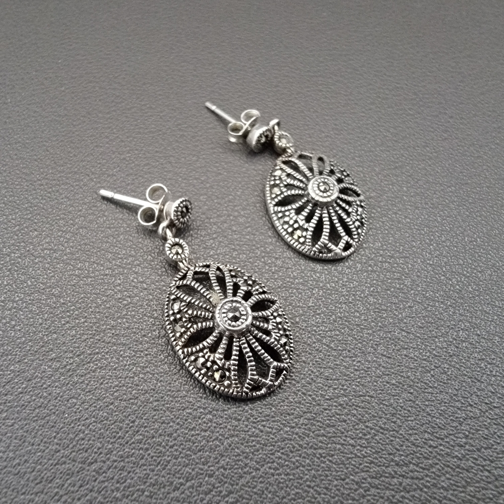 Art Nouveau Revival Sterling Marcasite Drop Earrings – 925 Silver